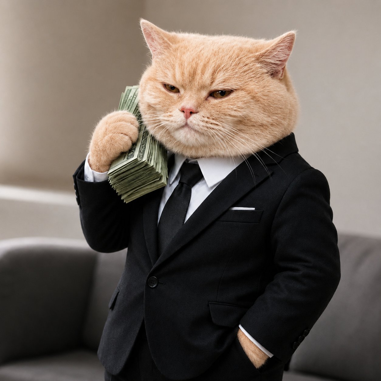 Fat cat in suit holding cash