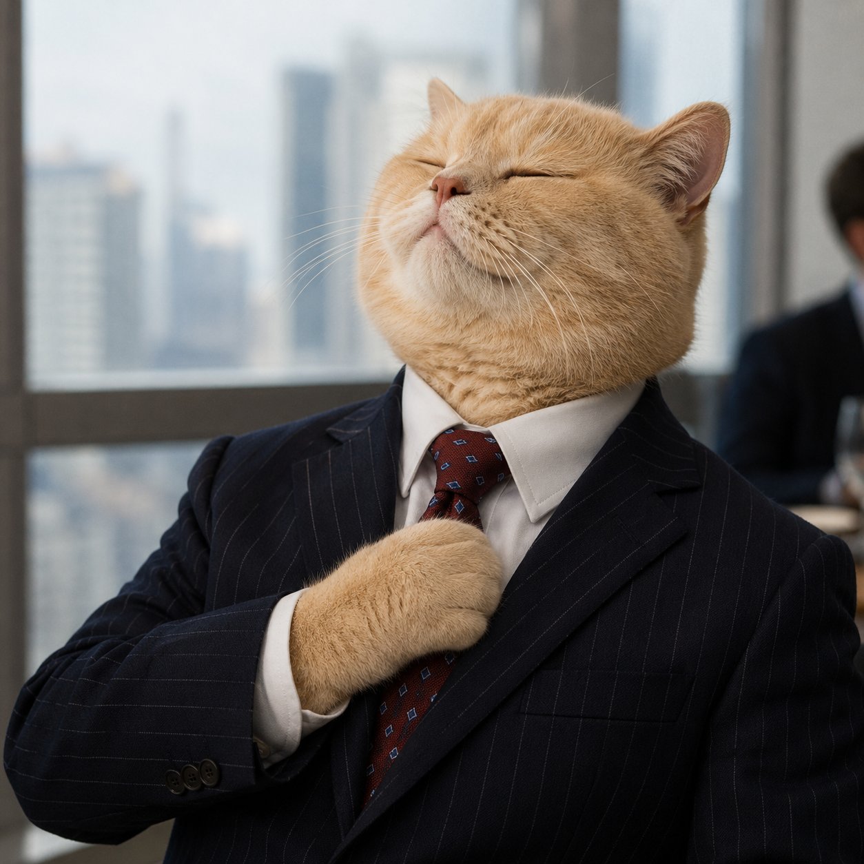 Suited cat adjusting tie with skyline