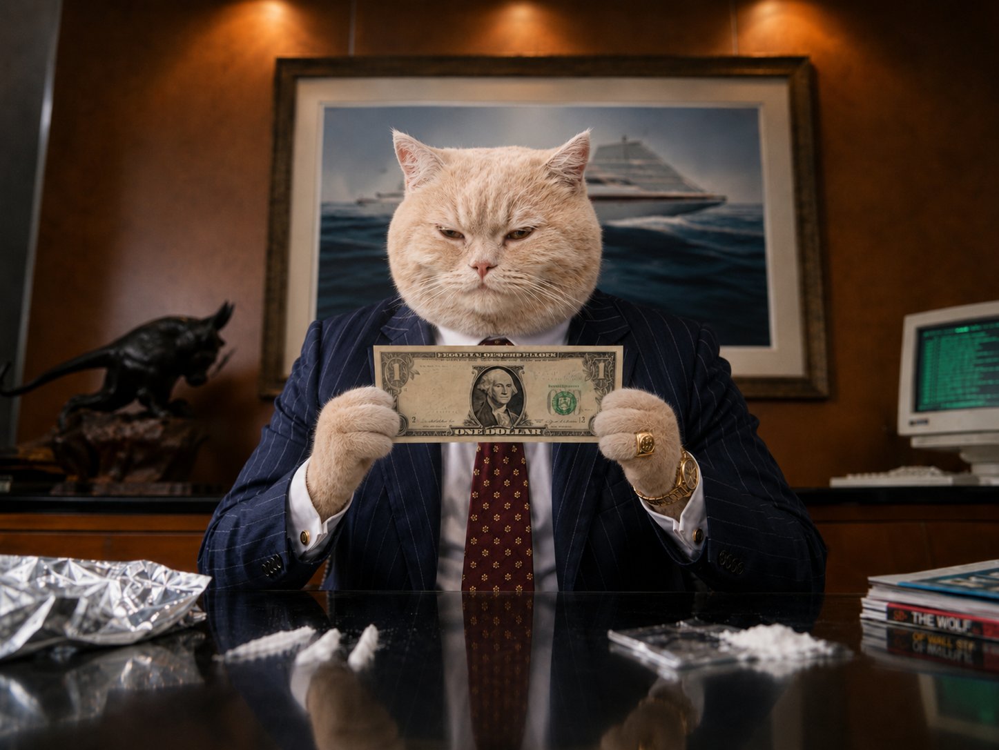Cat holding a single dollar bill in office