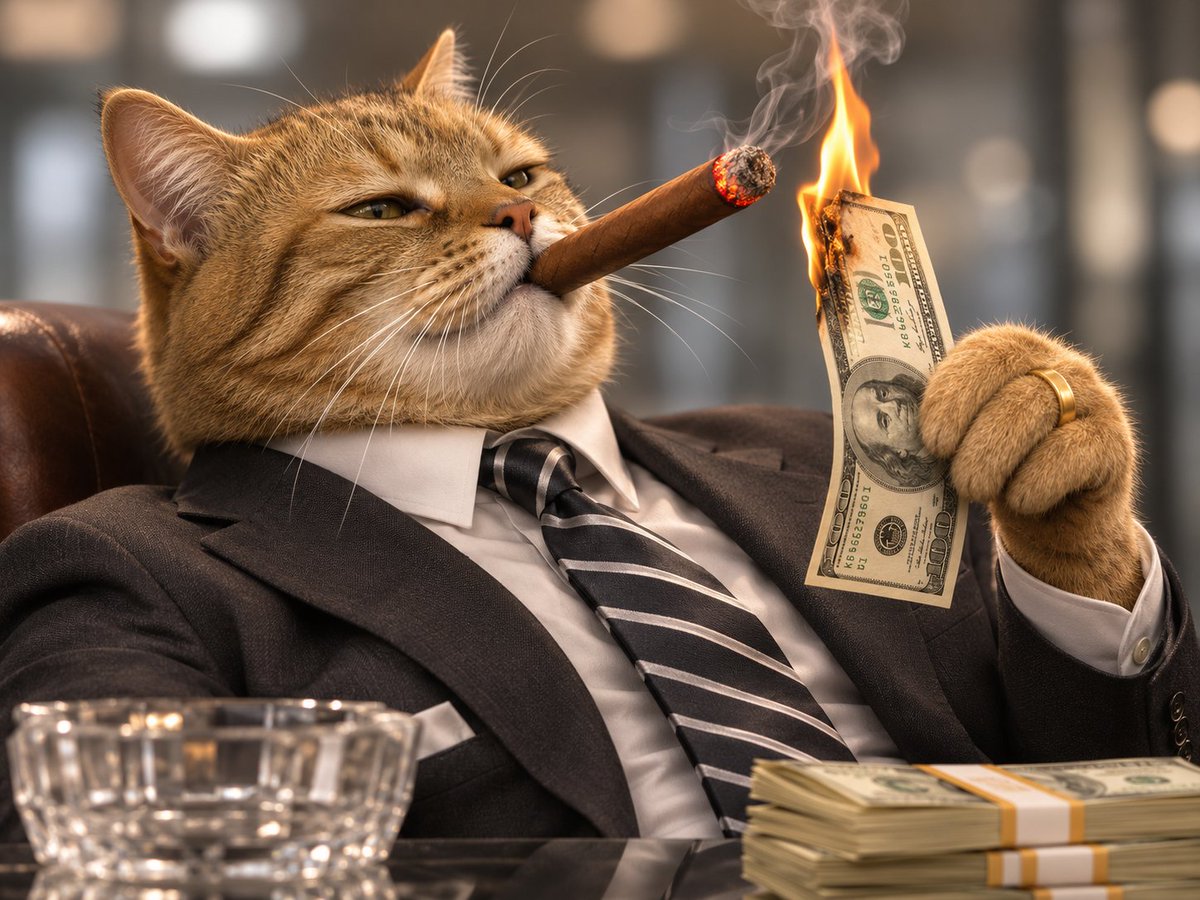 Cigar cat burning a hundred dollar bill