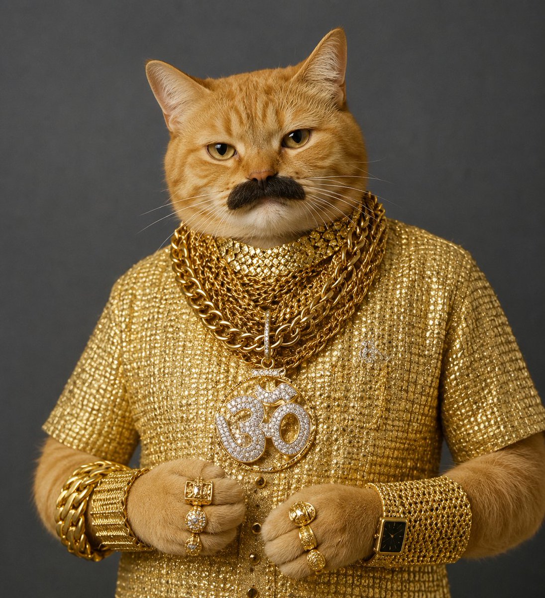 Cat drenched in gold chains
