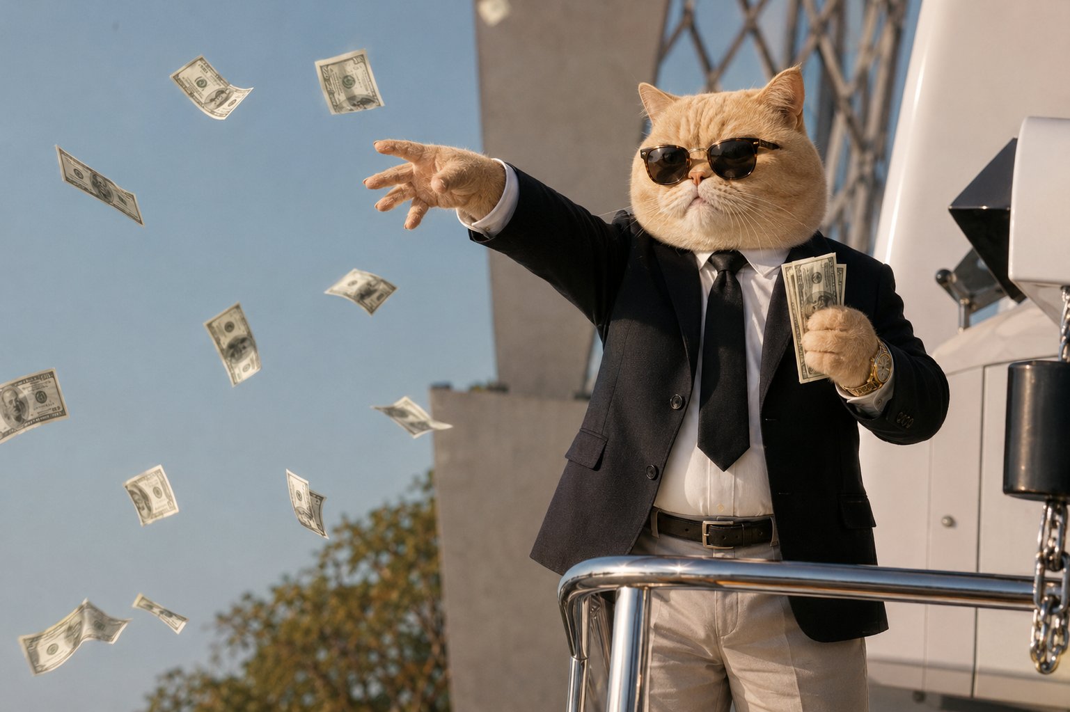 Suited cat throwing cash off a truck