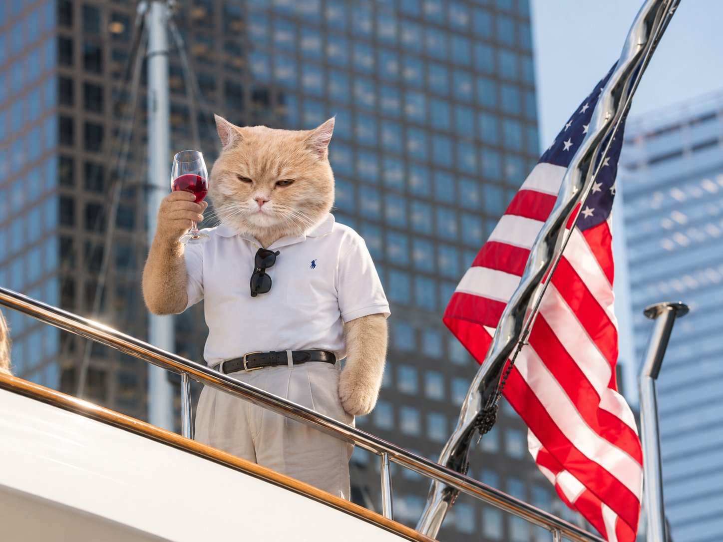 Polo cat on yacht with wine and US flag