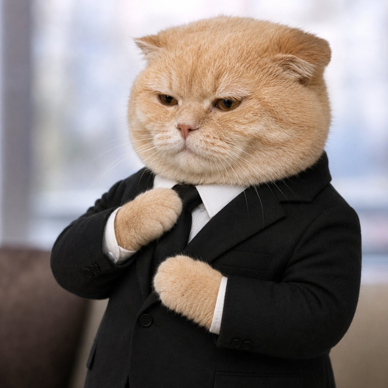 Sharp suited cat adjusting tie