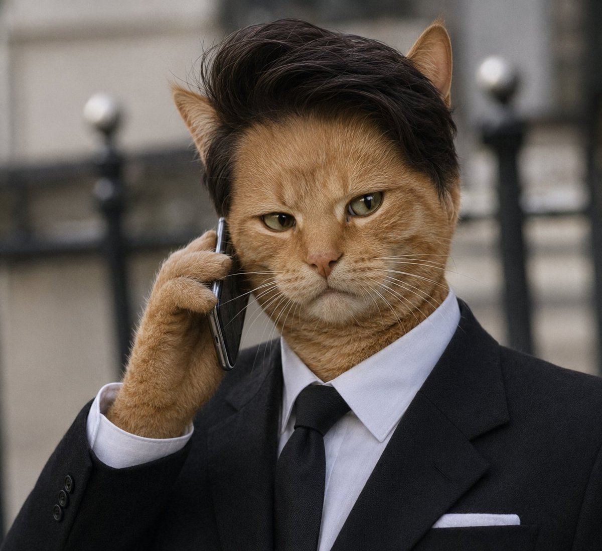 Cat with human hair on the phone