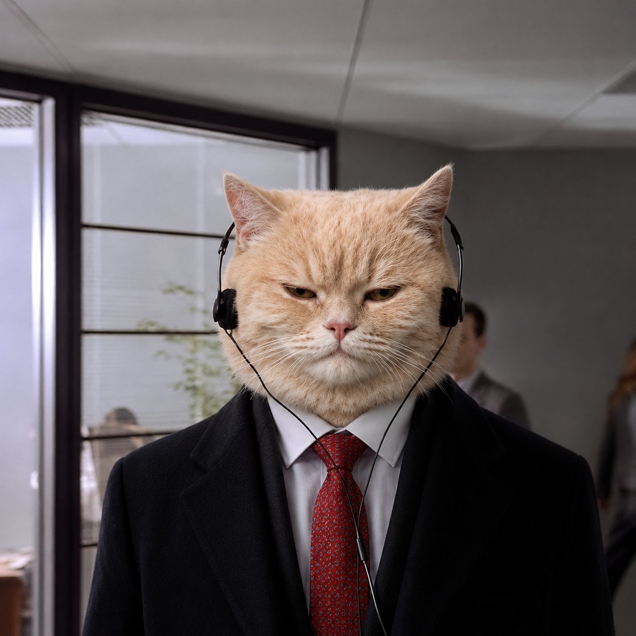 Office cat with headset