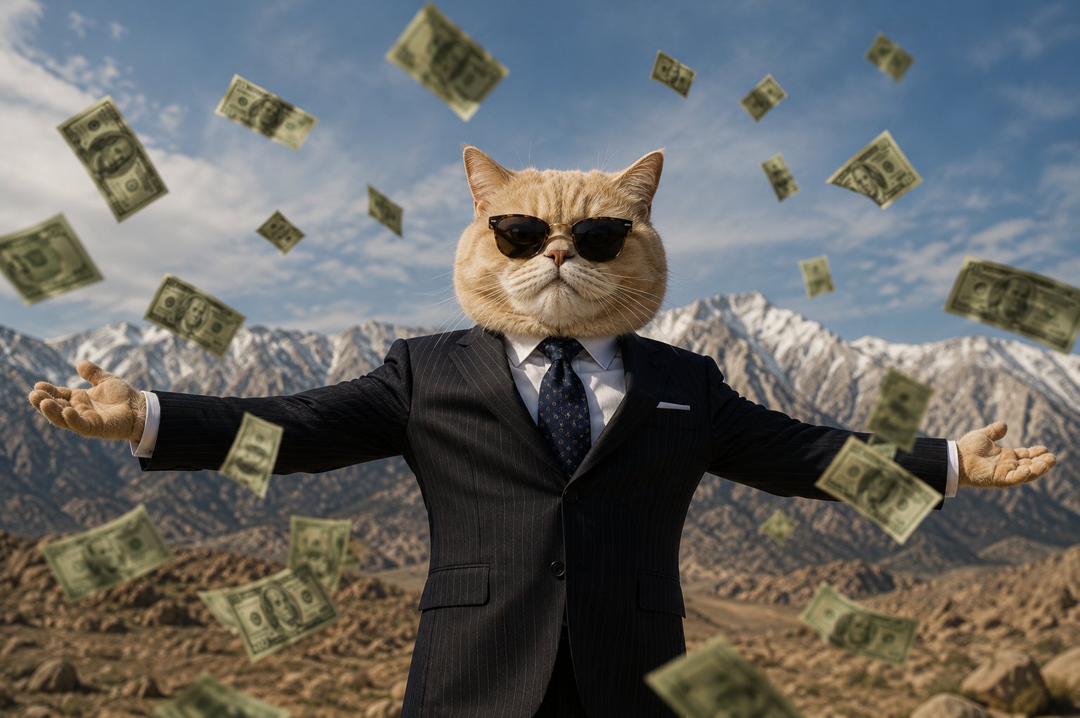 Cat in suit with money raining down