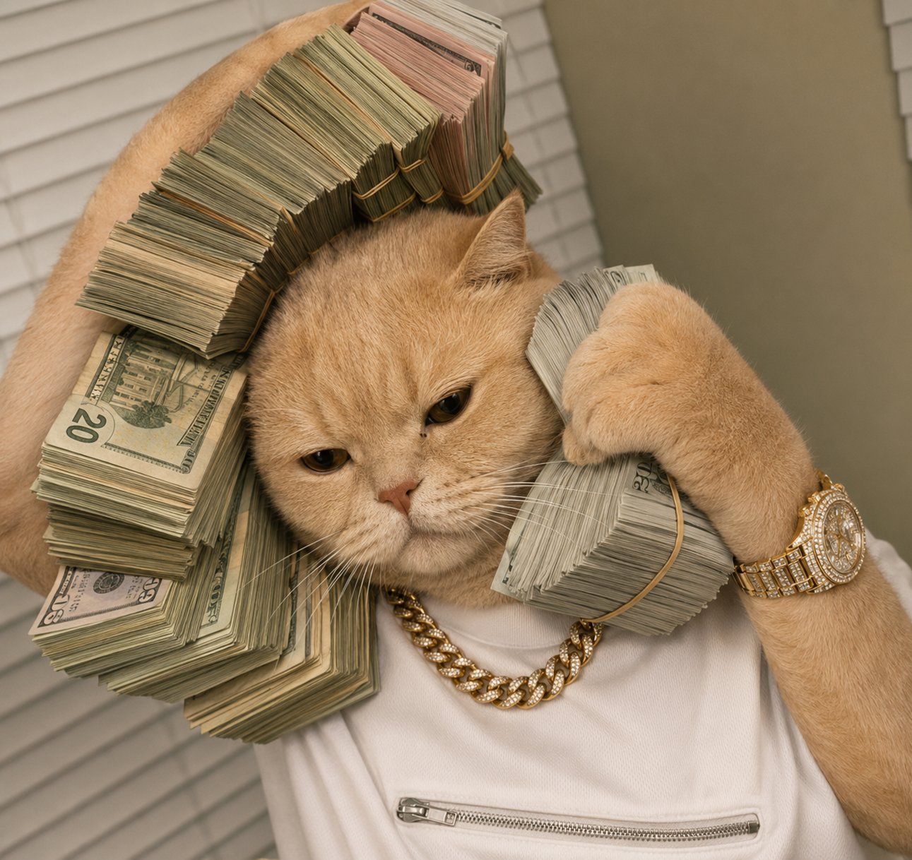 Cat wearing stacks of cash as a hood