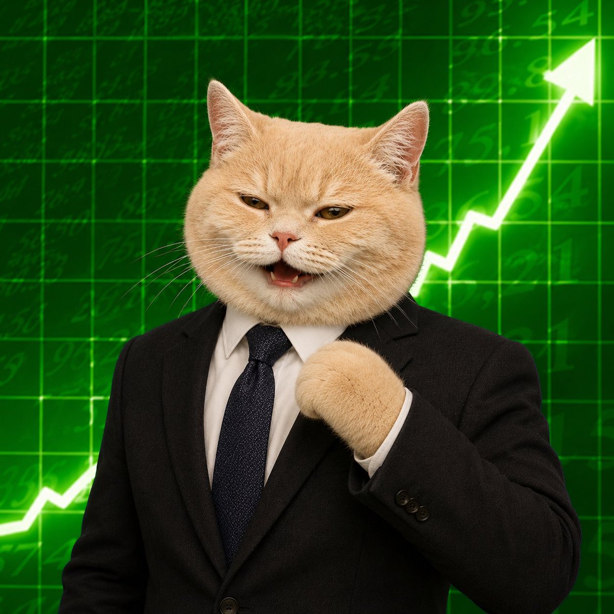 Suited cat with green stock chart