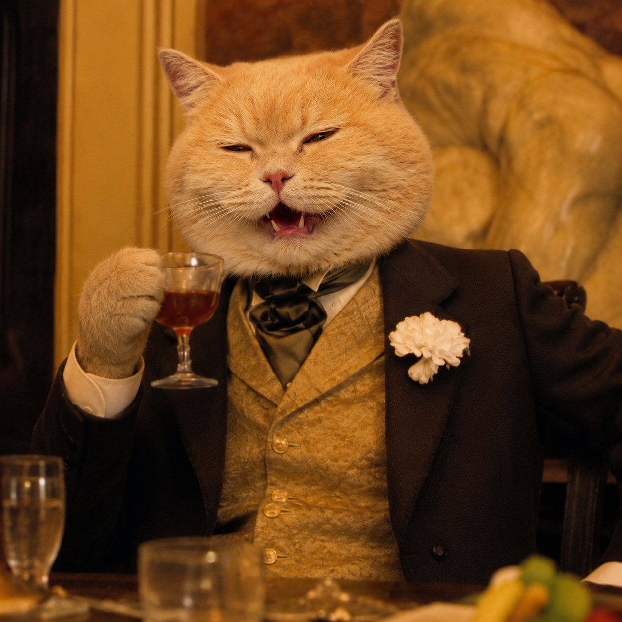 Tuxedo cat toasting with brandy
