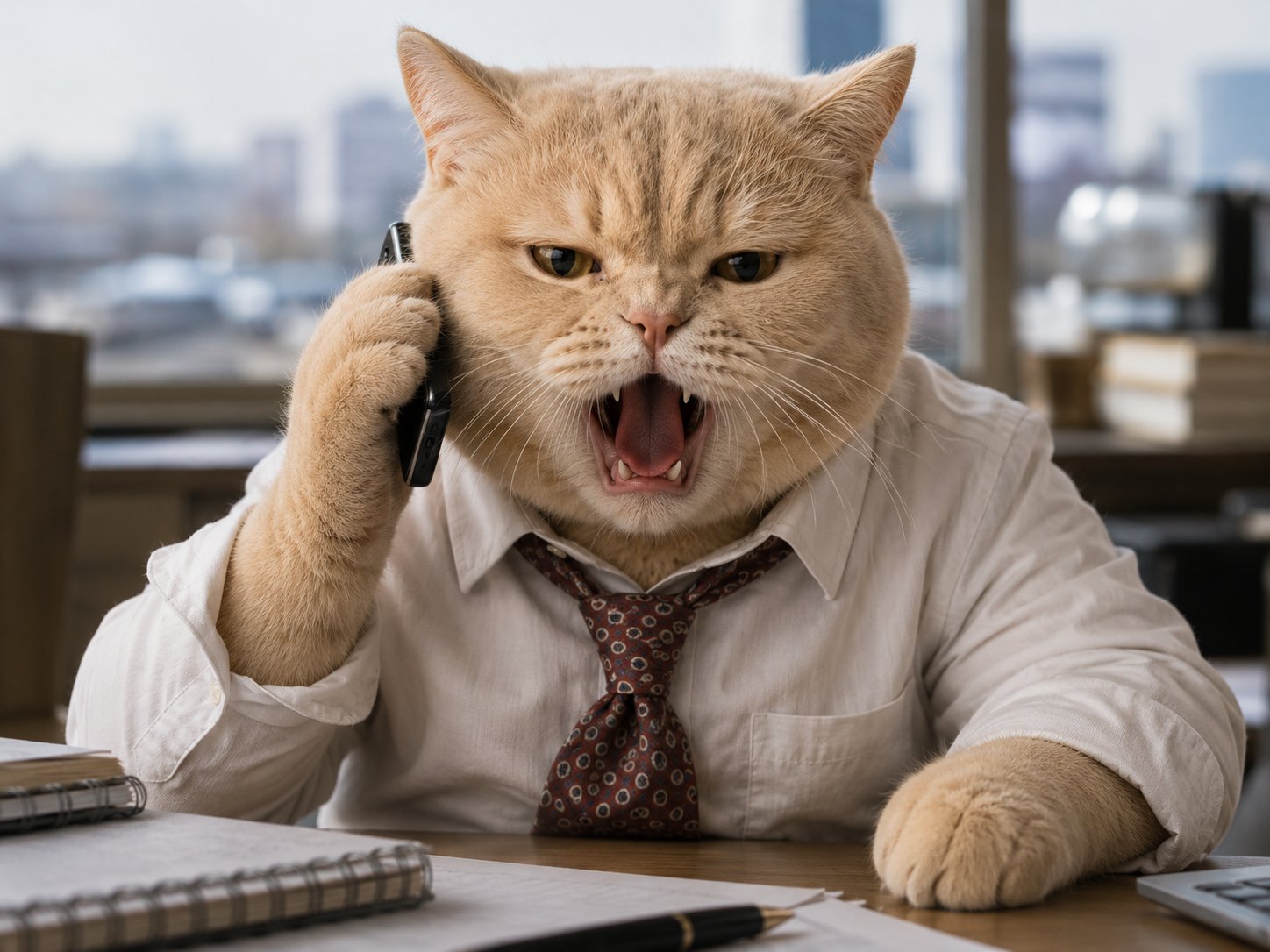 Angry cat yelling into phone at office