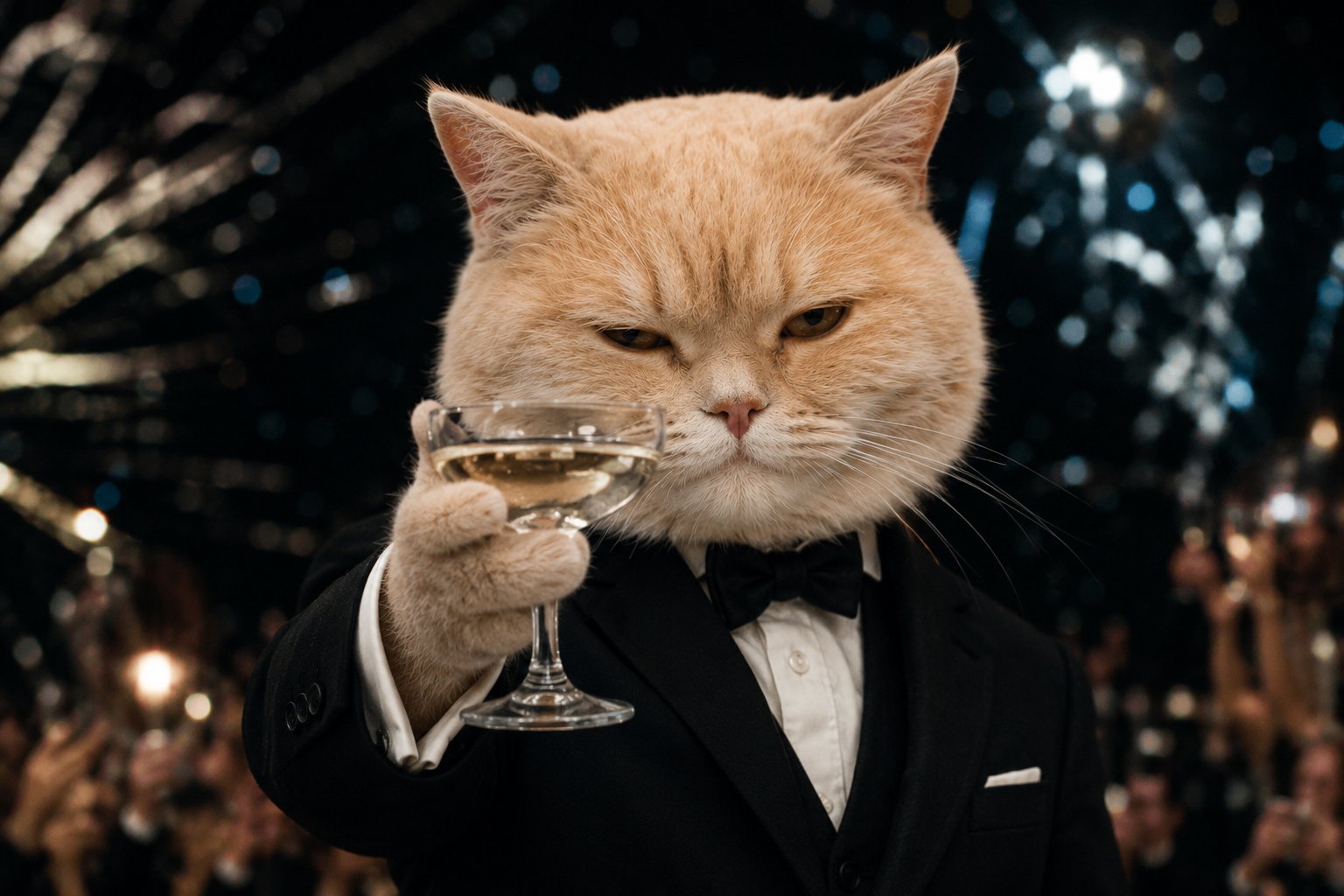 Tuxedo cat with champagne