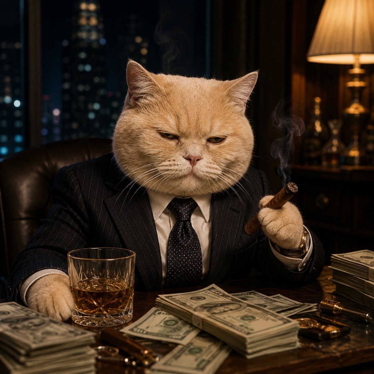 Boss cat with cigar and whiskey at night