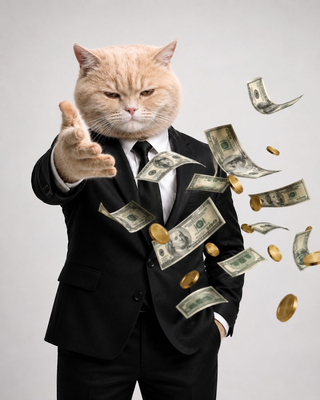 Suited cat throwing cash and coins