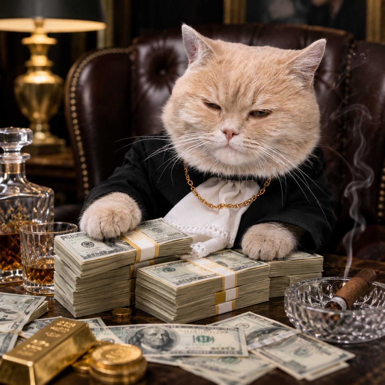 Boss cat with cigar and gold