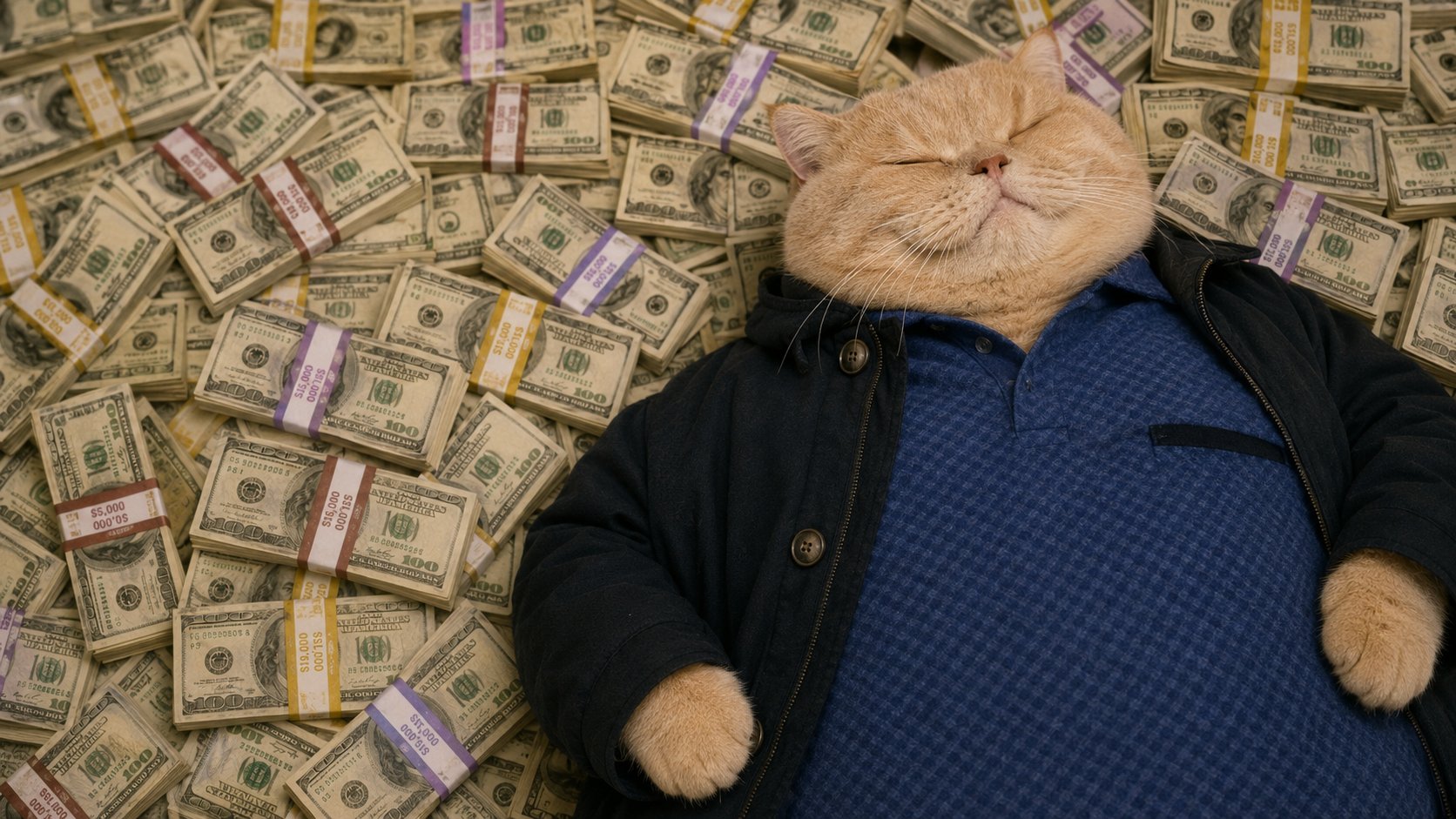 Fat cat napping on a pile of cash stacks
