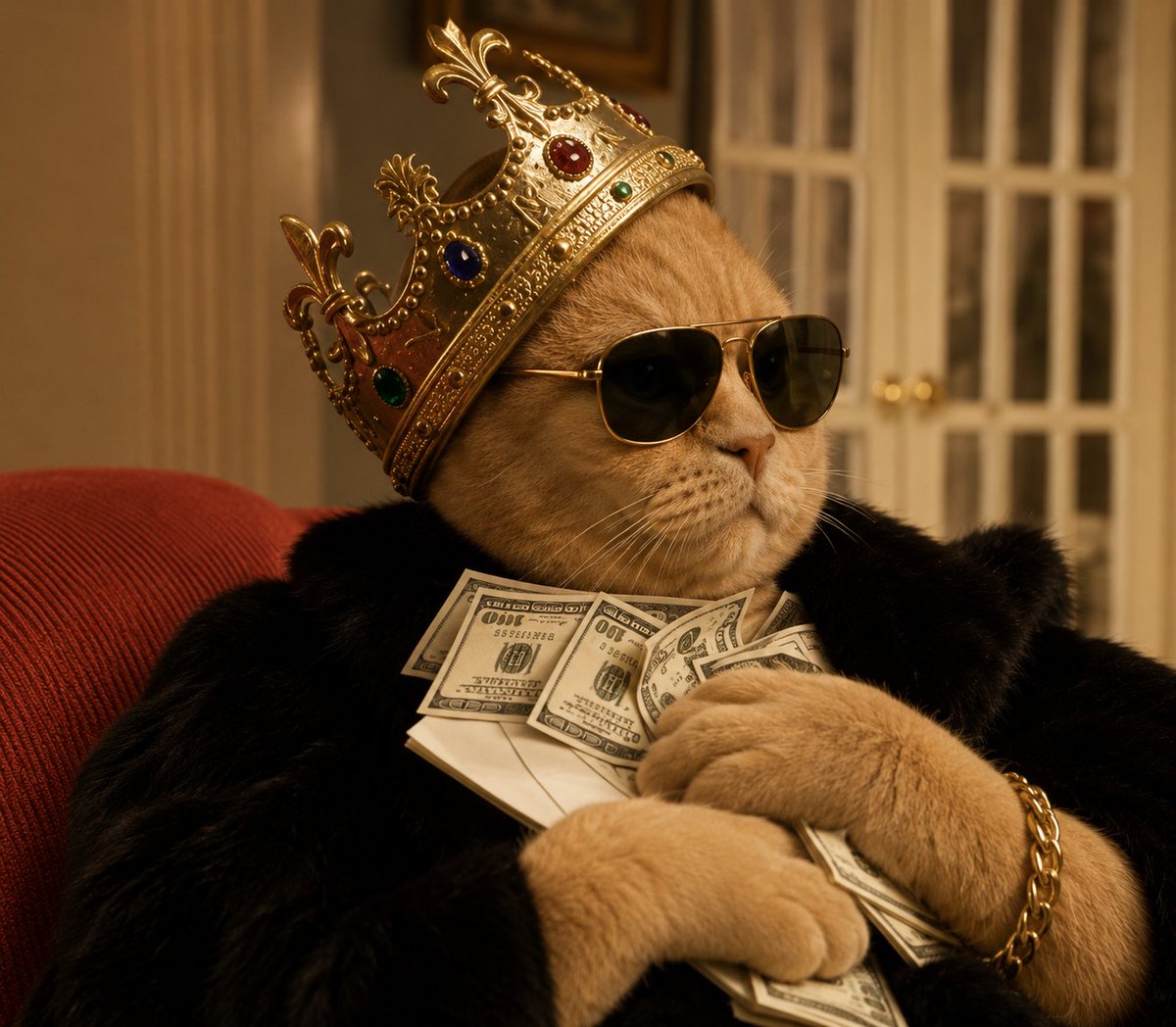 King cat with crown and cash