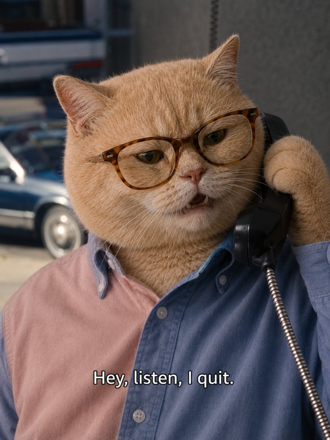 Nerdy cat on payphone saying he quits