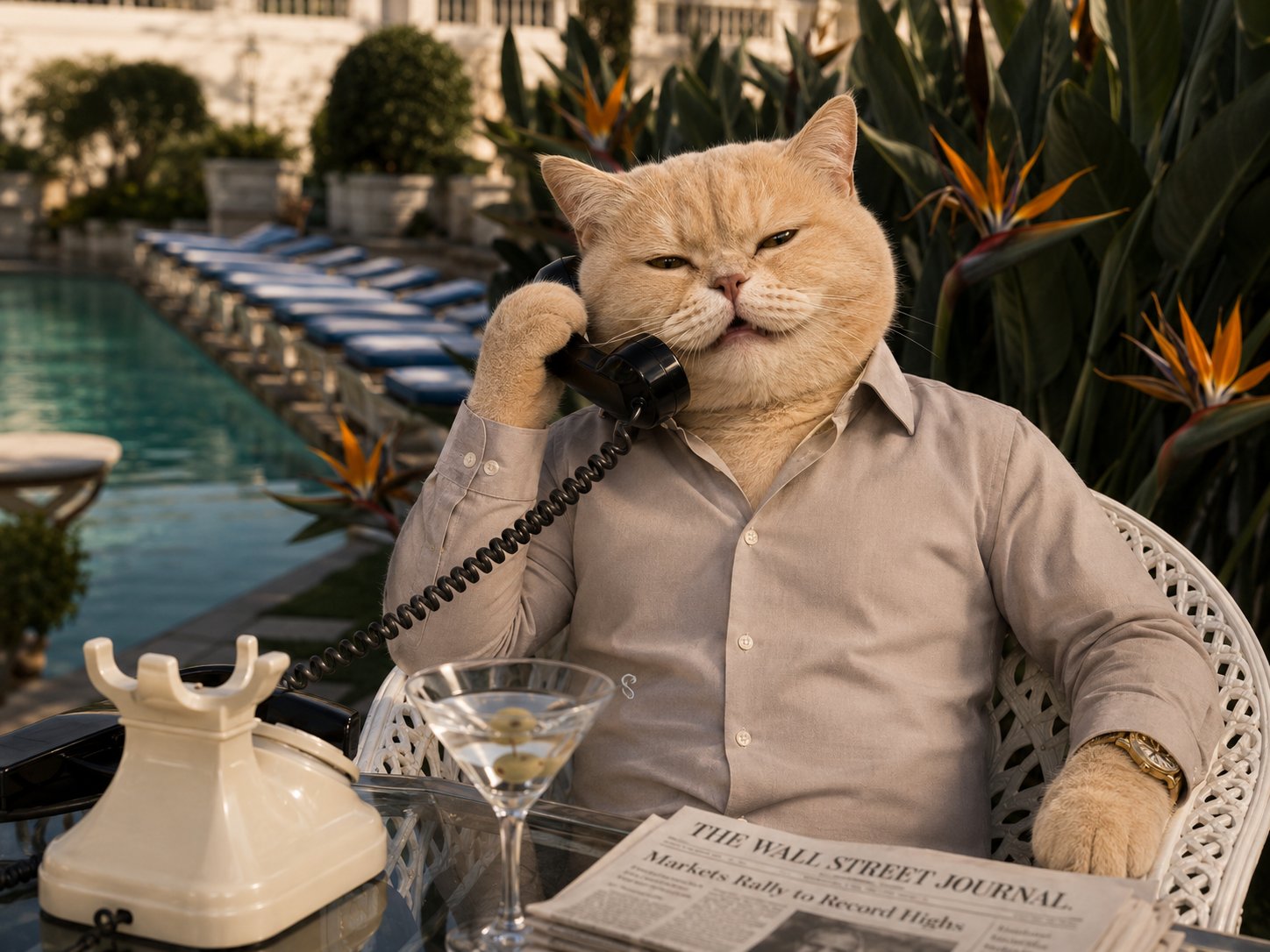 Poolside cat on phone with martini and WSJ