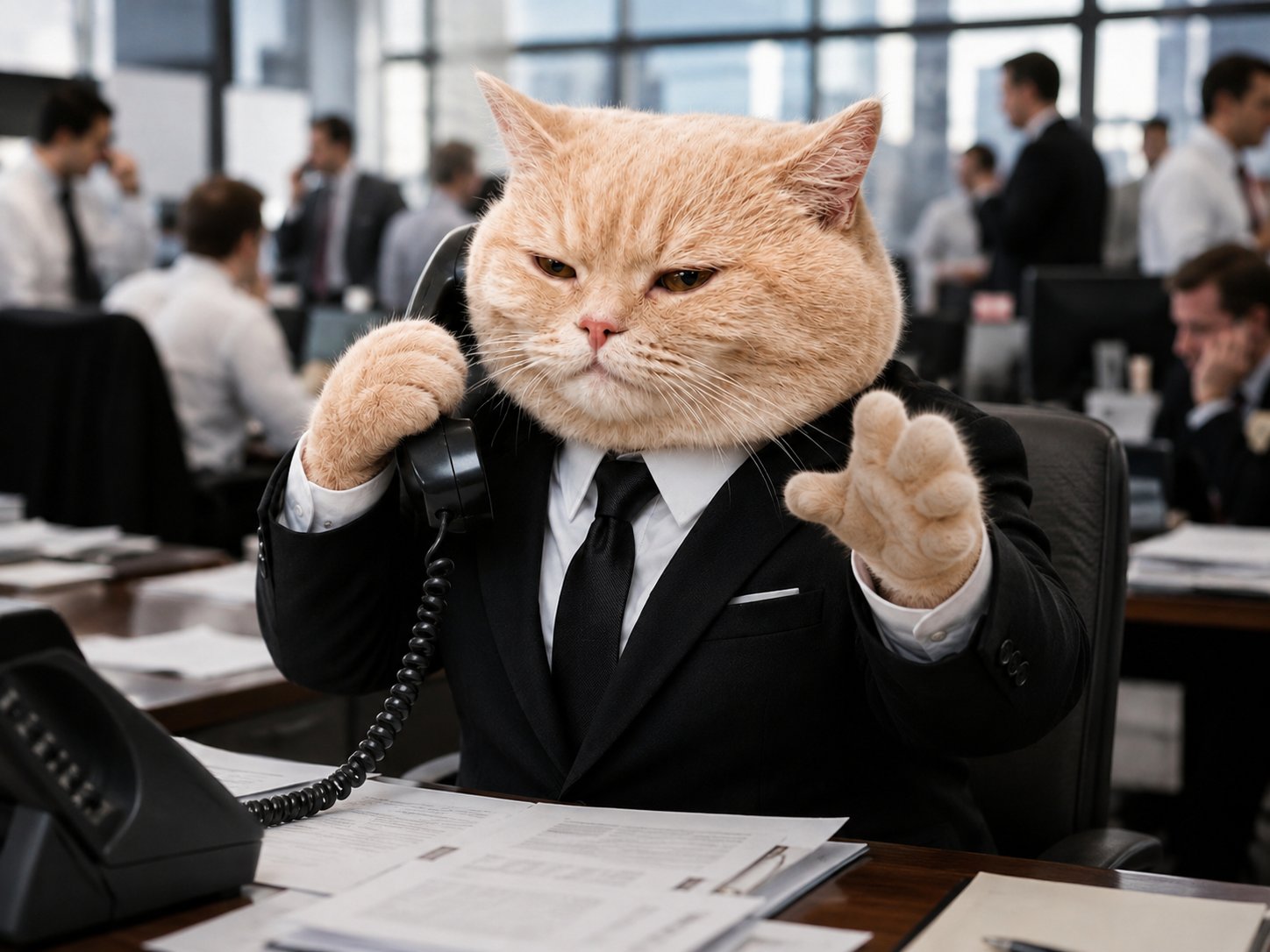 Wall street cat on the phone yelling
