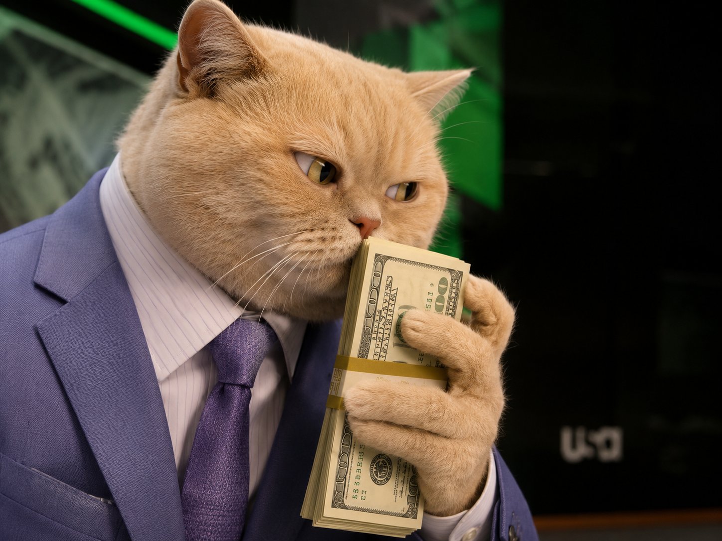 Cat in suit sniffing stack of cash