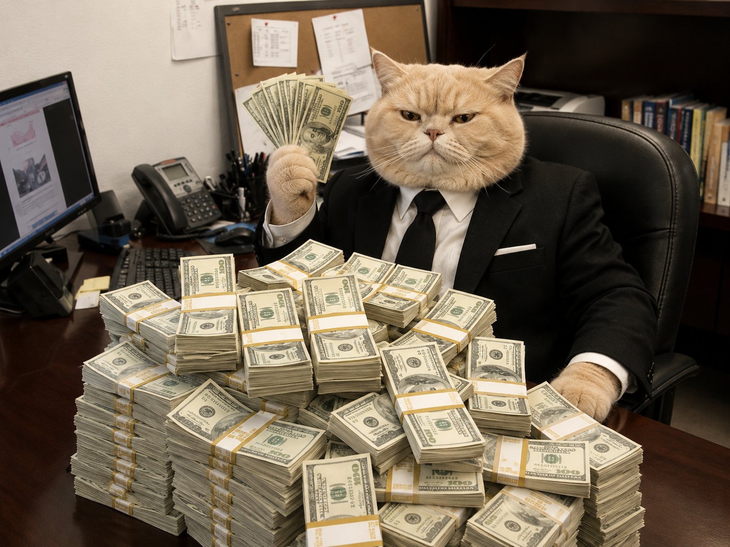 Office cat with mountain of cash
